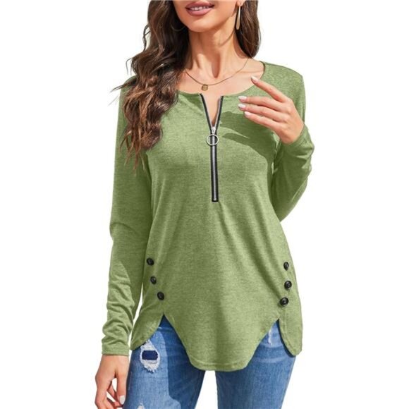 Women's Casual Long Sleeve Tunic Shirt Round Neck with Button Side Blouse - Picture 2 of 7